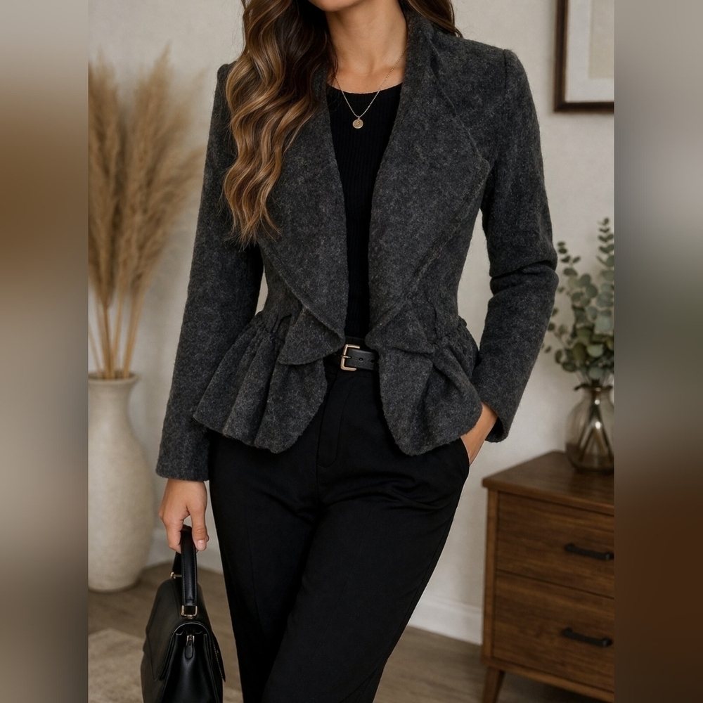 Cache 100% Wool Peplum Jacket Small Fitted Blazer Gray Draped Front Tailored